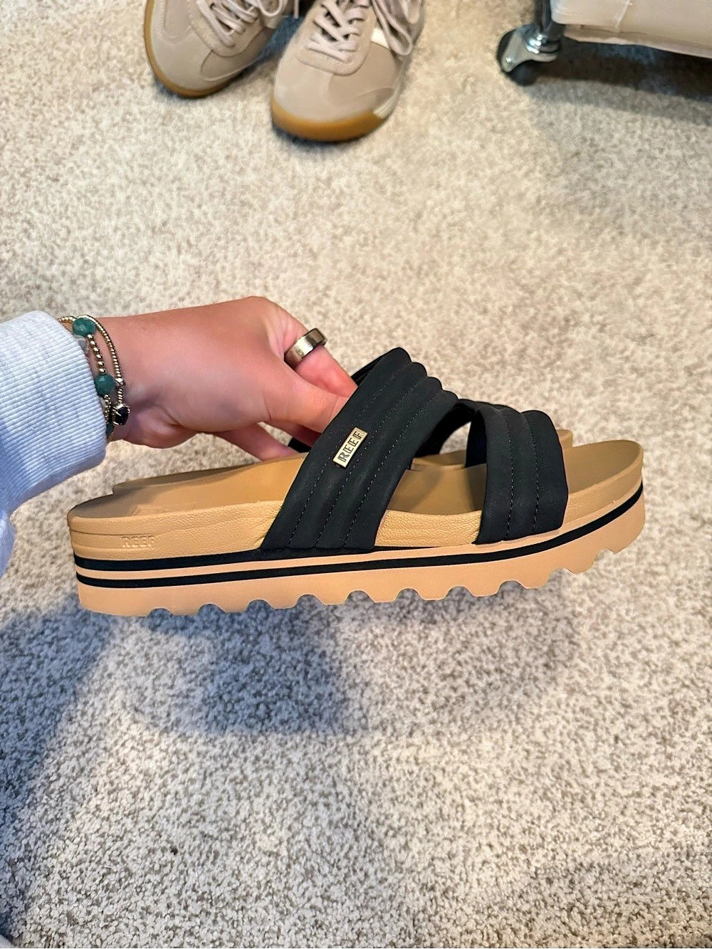 Reef Kaia 2 Bar Slide Sandal Platform Black & Tan
